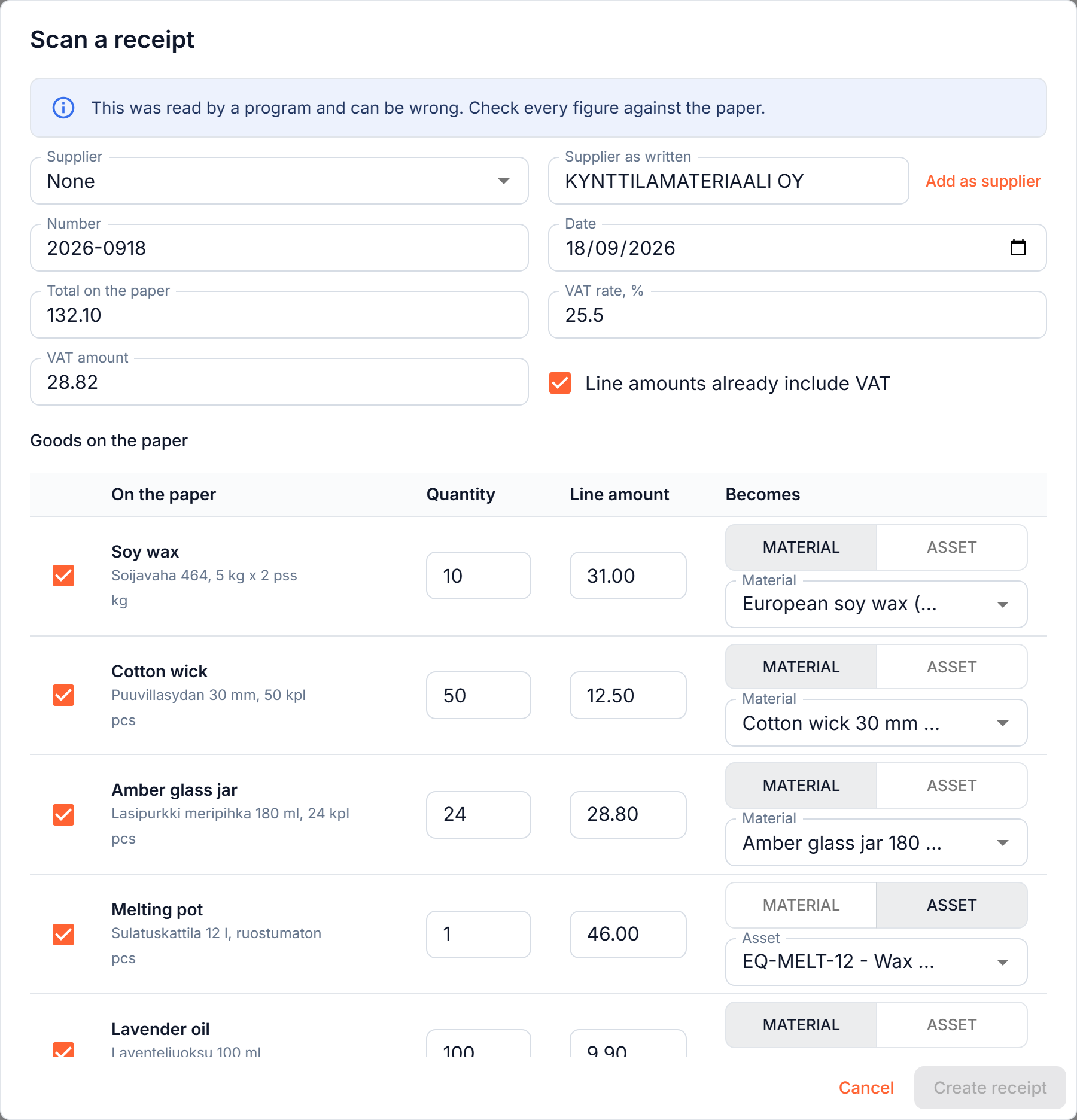 A supplier receipt read into a draft, each line matched to a material or a tool